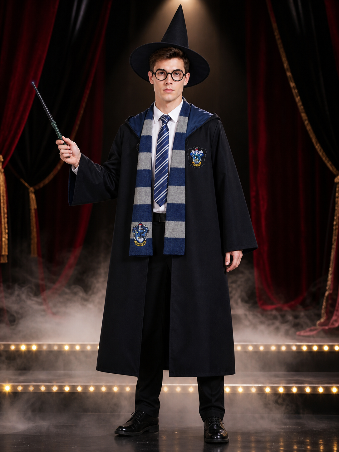 Wizard Robe Costume Set With Hooded Cloak, Shirt, Tie, Scarf, Glasses, Wand And Costume Capes detail 3