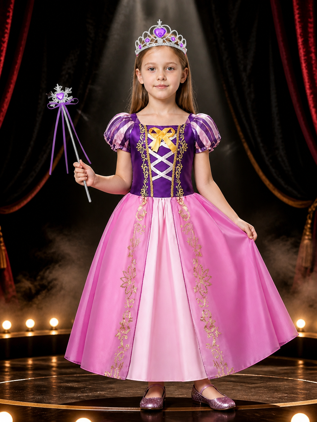 Kids Princess Costume Dress Set with Crown and Magic Wand, Pink Purple Gown Costume Dresses detail 3