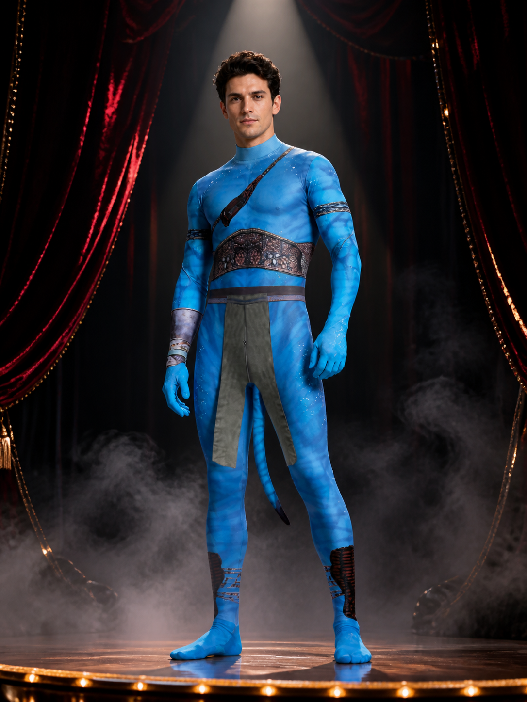 Blue Alien Character Bodysuit Costume, Armor Print with Tail, Halloween Cosplay Costumes detail 3