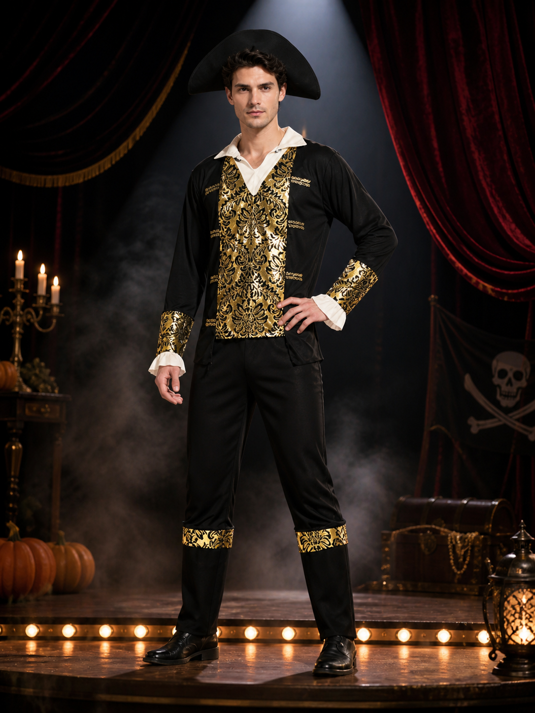 Adult Pirate Costume Set With Baroque Gold Trim, Hat, Shirt And Pants Costume Headwear detail 3
