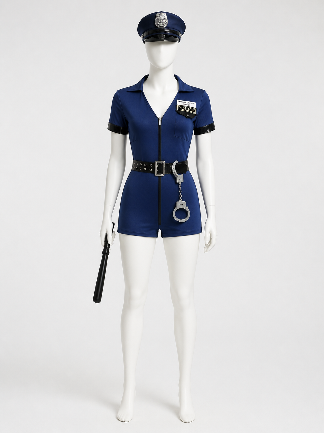Women's Sexy Dark Blue Police Jumpsuit Costume Set with Hat, Belt, Handcuffs on-model stage scene view