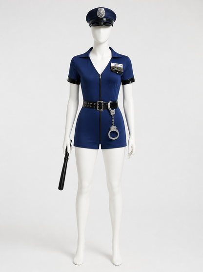 Women's Sexy Dark Blue Police Jumpsuit Costume Set with Hat, Belt, Handcuffs on-model stage scene view
