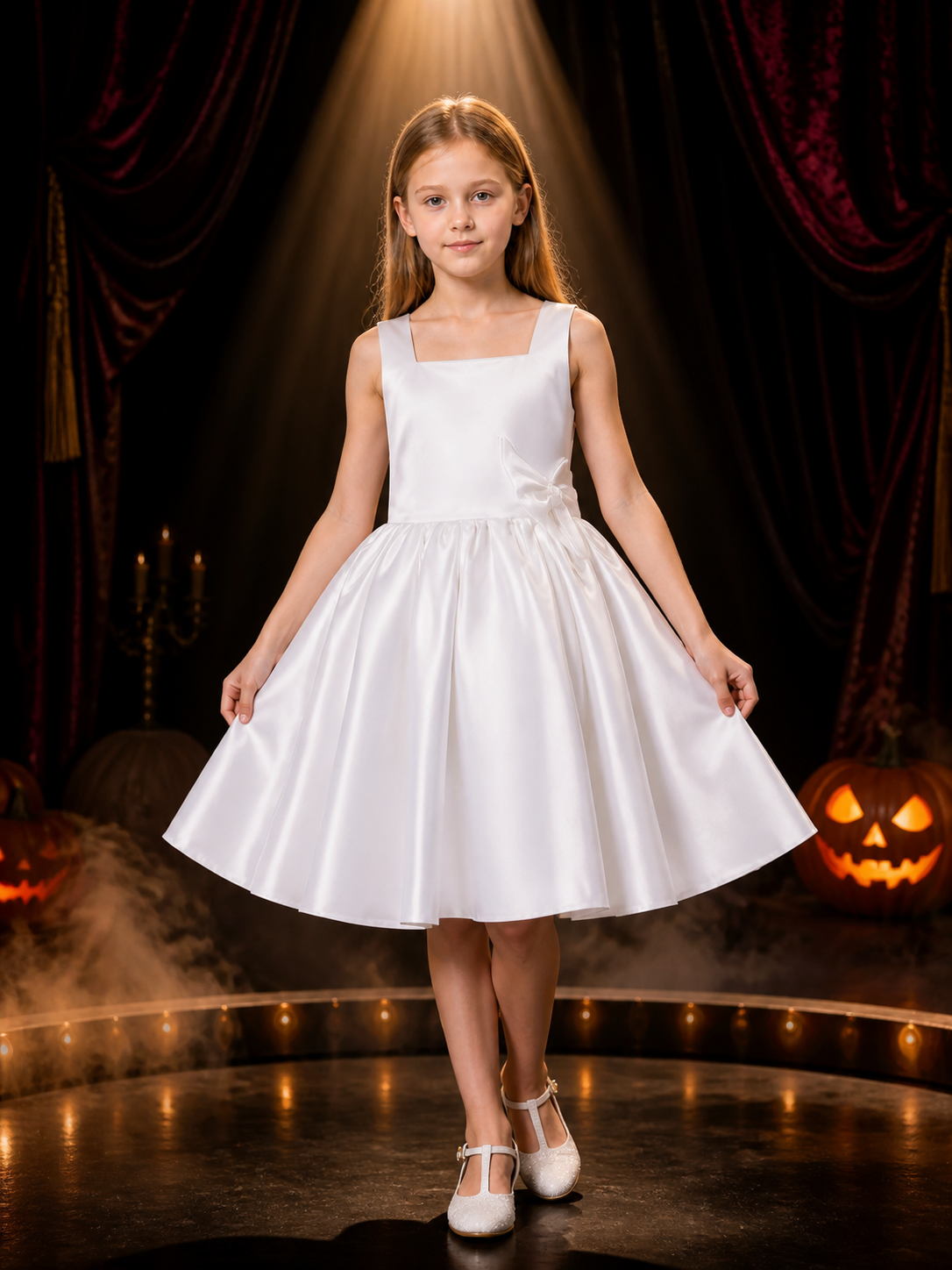 Girls' White Princess Dress with Bow Details, Sleeveless A-Line Formal Dress Costume Dresses detail 3