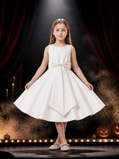 Girls' White Princess Dress, Sleeveless Large Bow Formal Gown