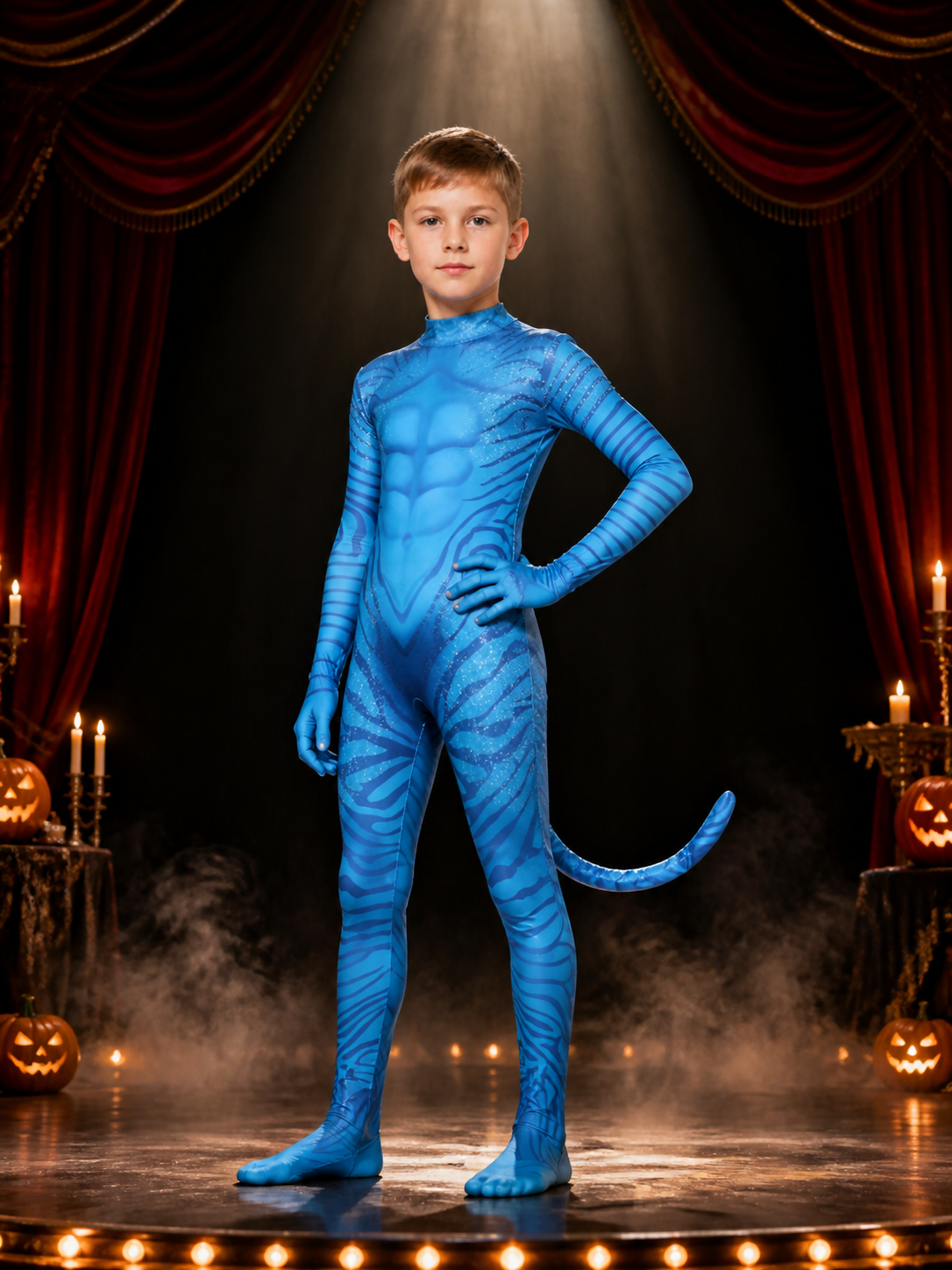 Kids Avatar 3 Bodysuit Costume, Blue Muscle Print with Tail, Halloween Outfit Costumes detail 3