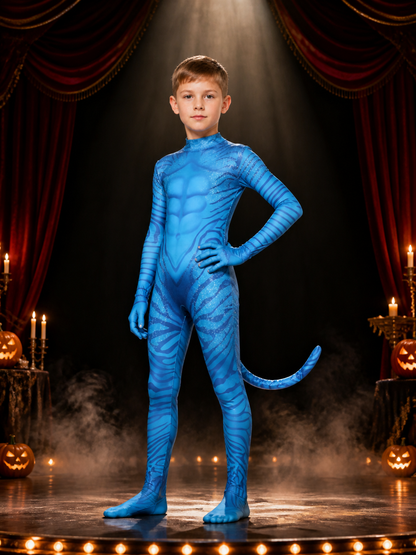 Kids Avatar 3 Bodysuit Costume, Blue Muscle Print with Tail, Halloween Outfit Costumes detail 3