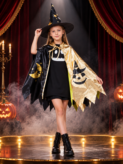 Kids' Halloween Costume with Black and Gold Cape, Hat