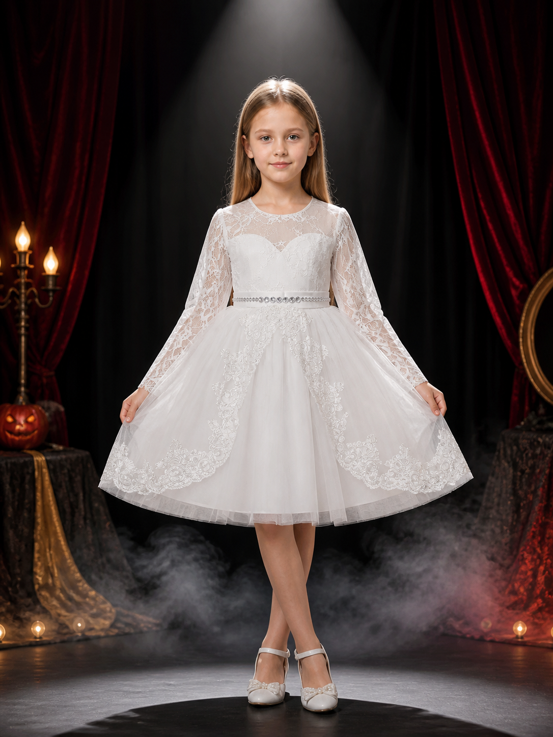 Girls' White Princess Dress, Long Sleeve Lace Tulle Party Formal Gown Costume Dresses detail 3