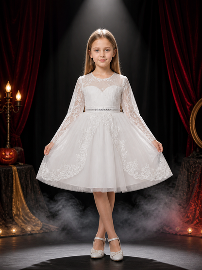 Girls' White Princess Dress, Long Sleeve Lace Tulle Party Formal Gown Costume Dresses detail 3