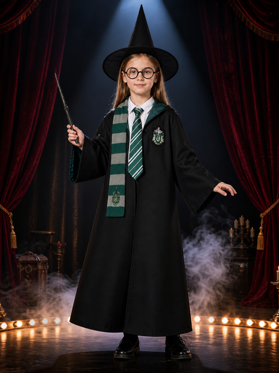 Wizard Costume Set with Robe, Hat, Scarf, Tie, Glasses, Shirt and Wand Costume Headwear detail 3