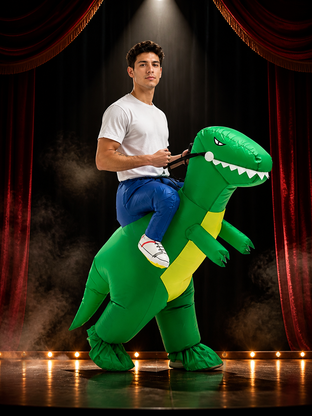 Green Inflatable Riding Dinosaur Costume, Funny Halloween Suit with Yellow Belly Costumes detail 3