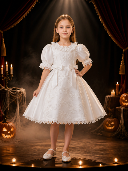 Baby Girls White Lace Princess Dress With Puff Sleeves And Bow Ribbons Costume Dresses detail 3
