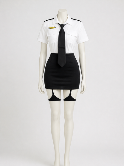 Women's Sexy Police Costume Set - White Uniform Top with Gold Badge, Black Skirt Costumes detail 3