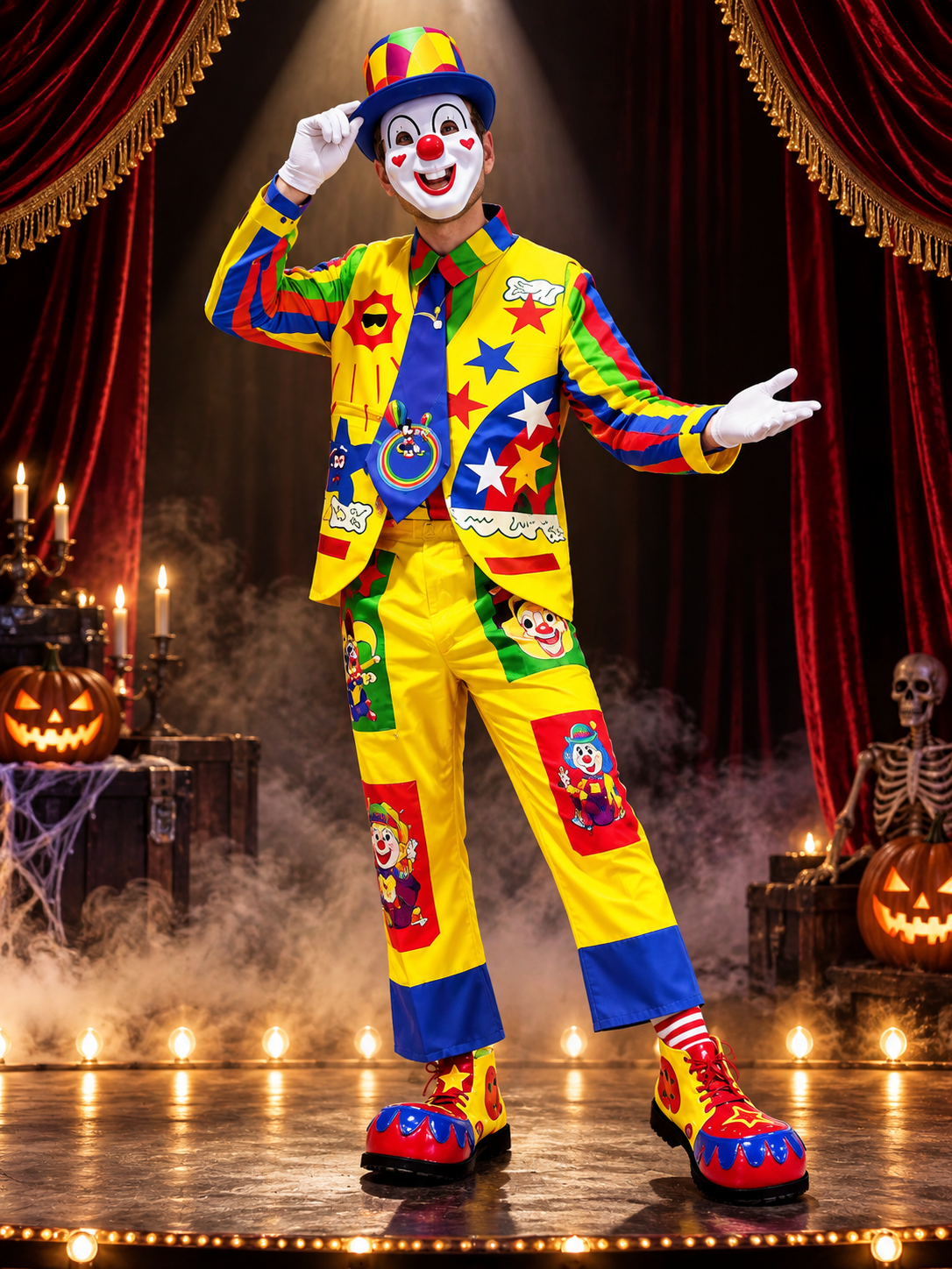 Bright Yellow Clown Costume with Mask, Vest, and Bow Tie