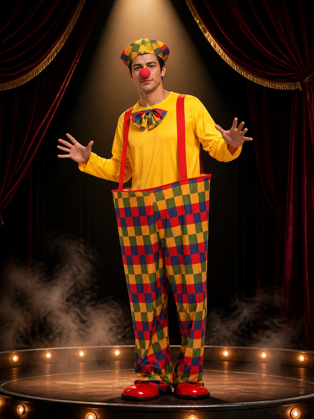 Unisex Adult Clown Costume Set, Colorful Striped Jumpsuit with Hat and Nose Costume Headwear detail 3