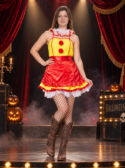 Yellow and Red Carnival Dress with Apron and Pom-Poms