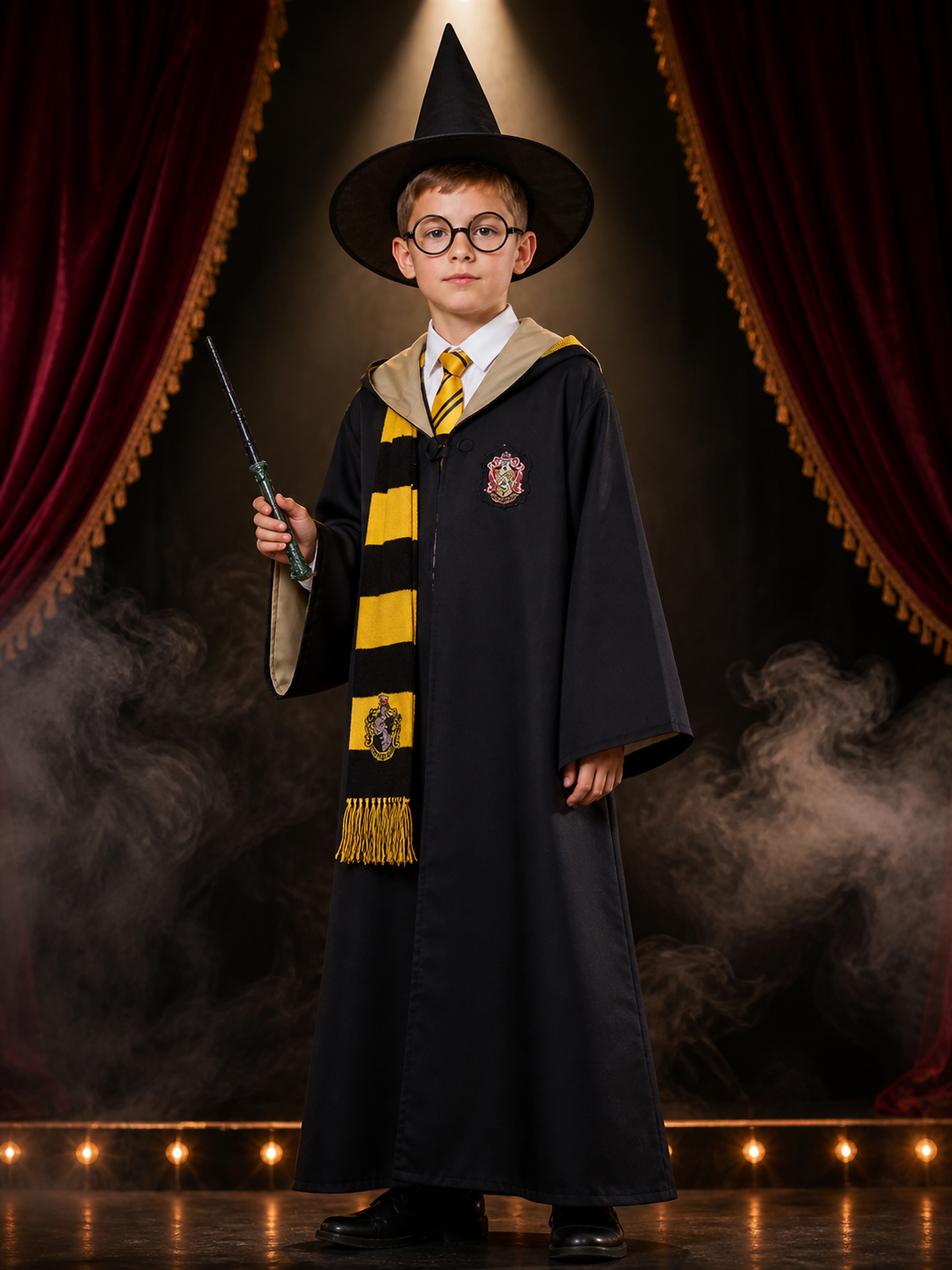 Children's Wizard Costume Set, Hooded Robe with Badge, Scarf, Tie, Hat, Glasses Costume Headwear detail 3