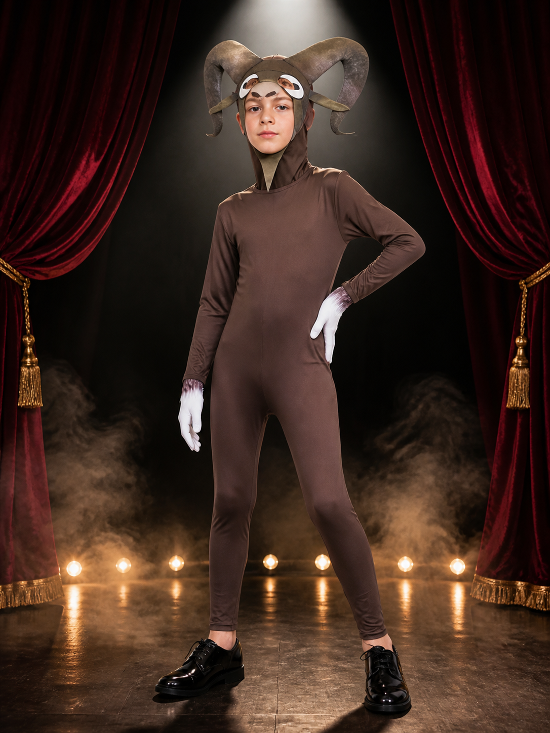 Kids' Brown Deer Hooded Animal Costume Set, Long Sleeve Jumpsuit with Antlers on-model stage scene view