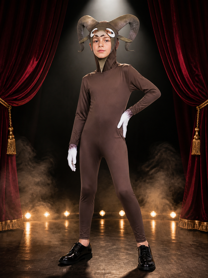 Kids' Brown Deer Hooded Animal Costume Set, Long Sleeve Jumpsuit with Antlers on-model stage scene view