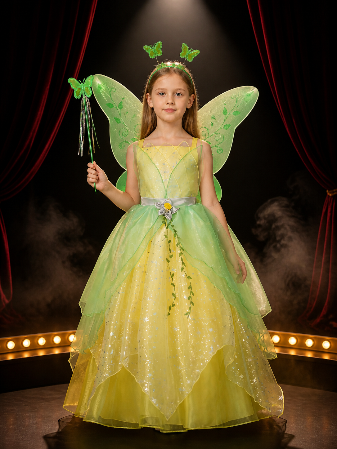 Girls' Princess Dress Costume with Yellow Star Print and Green Layers Costume Dresses detail 3