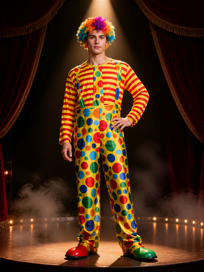 Adult Clown Costume Set for Halloween, Red Yellow Striped Top with Polka Dot Costumes detail 3