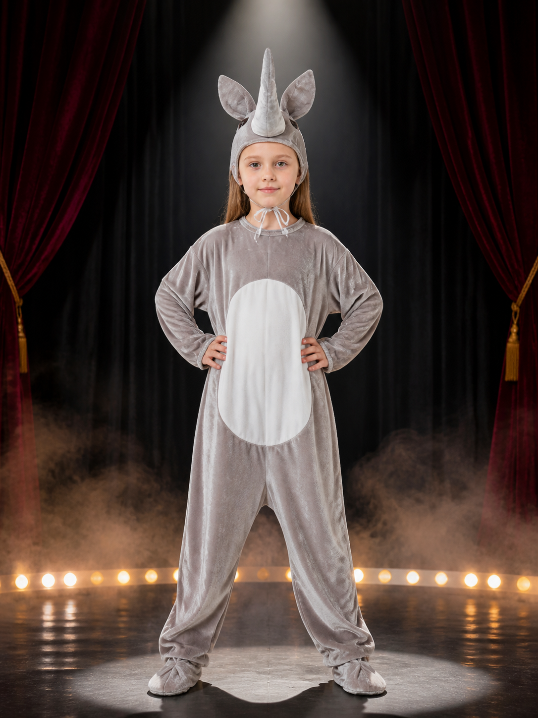 Children's Rhino Animal Costume - Gray Hooded Footed Jumpsuit with White Belly Costumes detail 3