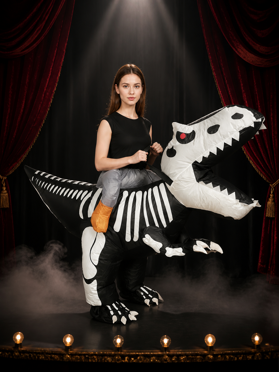 Adult Inflatable Dinosaur Costume, Black and White Skeleton Print for Halloween Costumes detail 3