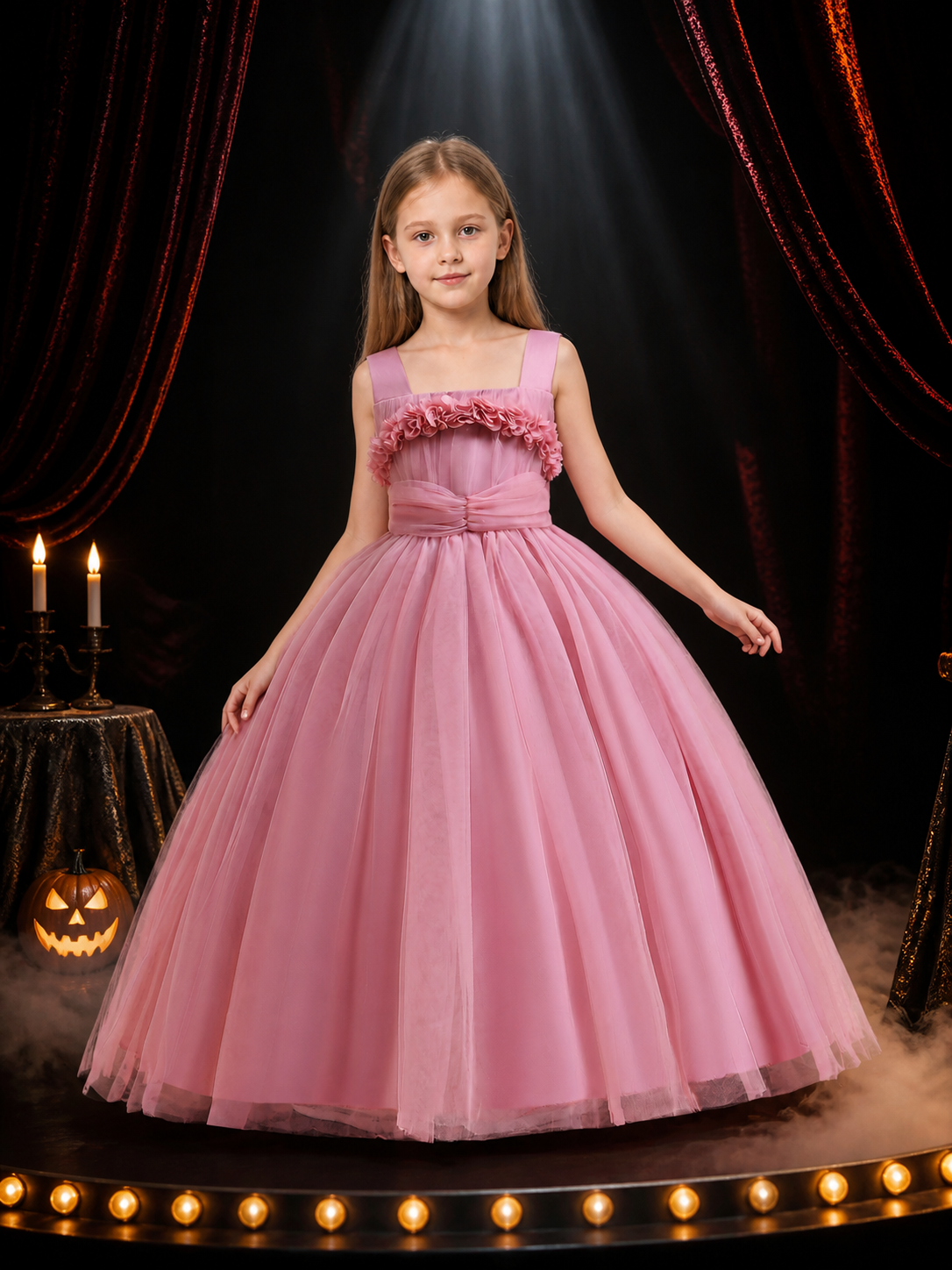 Girls' Pink Princess Dress, Layered Organza Long Gown With Floral Bodice And Bow Costume Dresses detail 3