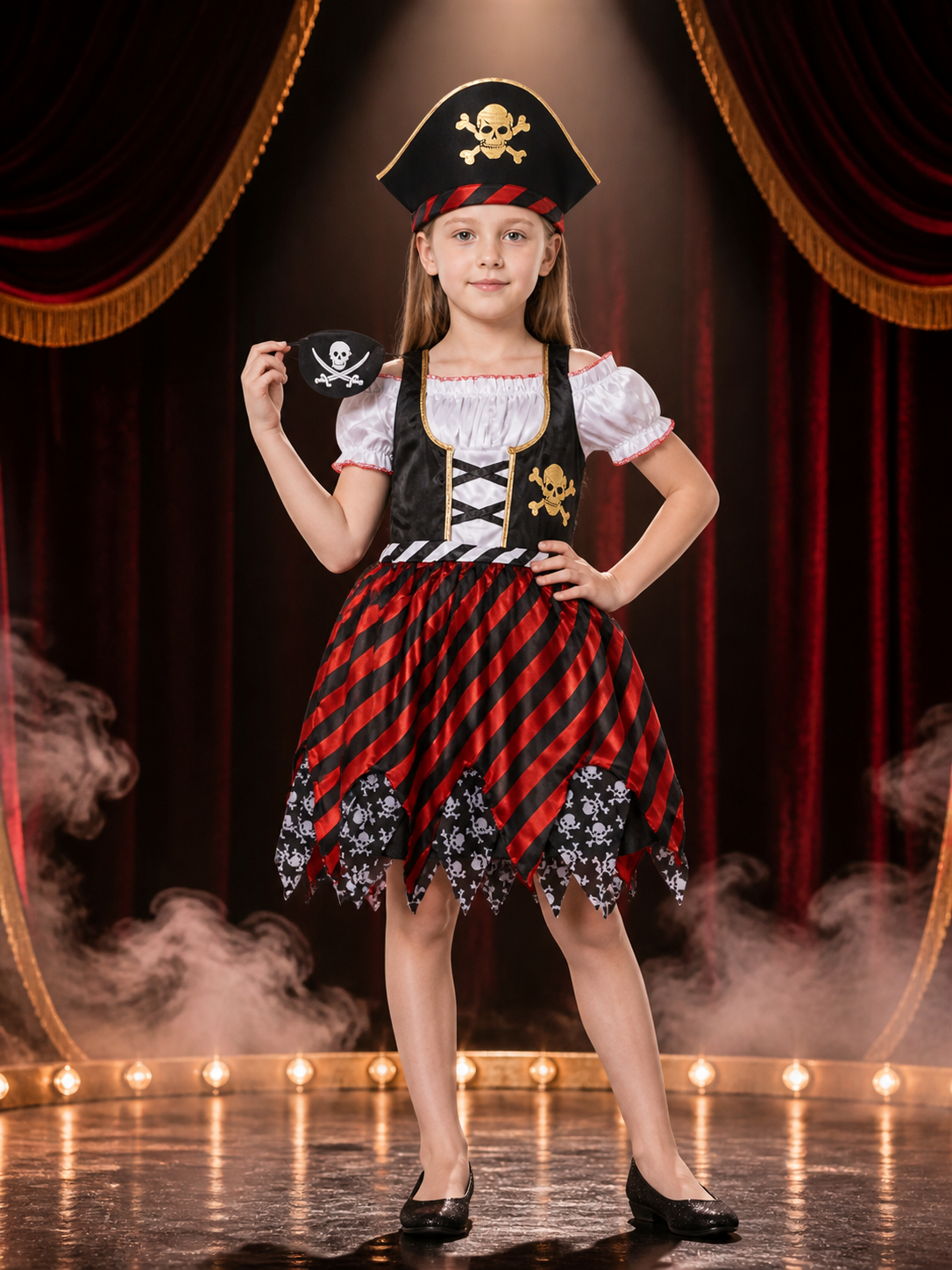 Girl's Caribbean Pirate Costume Set with Skull Print Striped Dress, Hat and Eye Costume Dresses detail 3