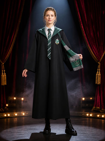 Slytherin Wizard Costume Set, Long Black Robe with Tie and Scarf, 3-Piece Outfit Costumes detail 3
