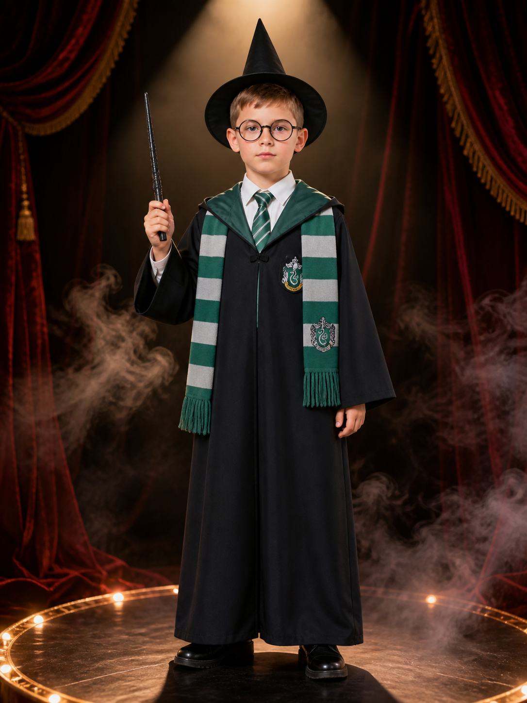 Green and Black Wizard Robe Costume Set with Hooded Cloak, Tie, Scarf, Pointed Costume Capes detail 3