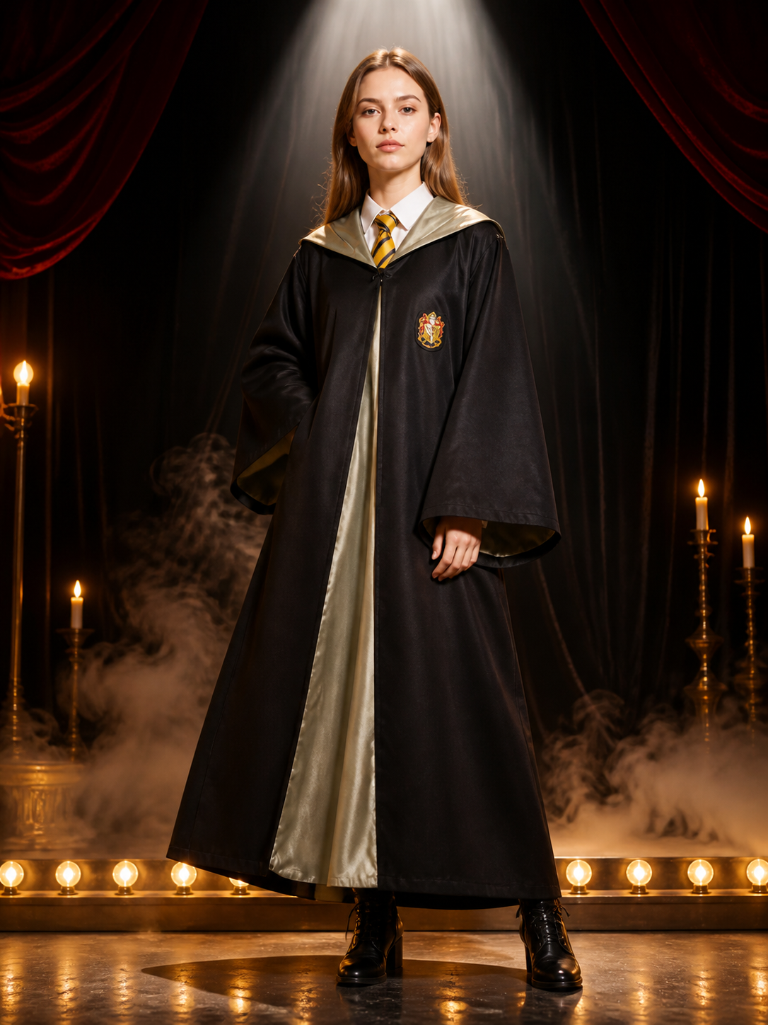 Wizard Robe Costume Set, Long Black Cloak with Crest and Striped Tie, Halloween Costume Capes detail 3