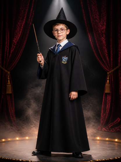 Wizard Costume Set With Hooded Robe, Pointed Hat, Wand, Tie And Glasses Costume Headwear detail 3