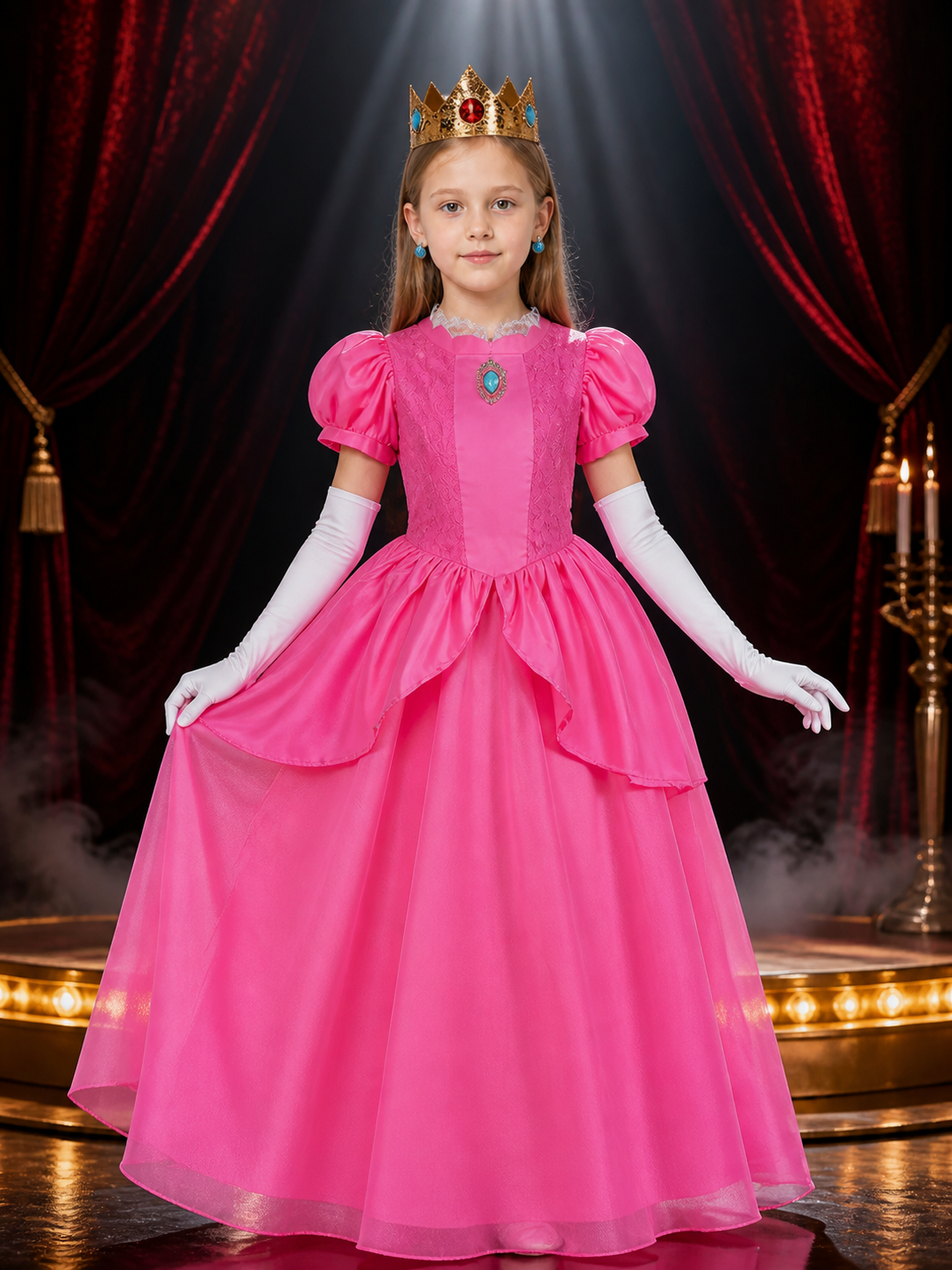 Kids Princess Peach Costume Dress Set with Crown & Gloves Halloween Costume on-model stage scene view