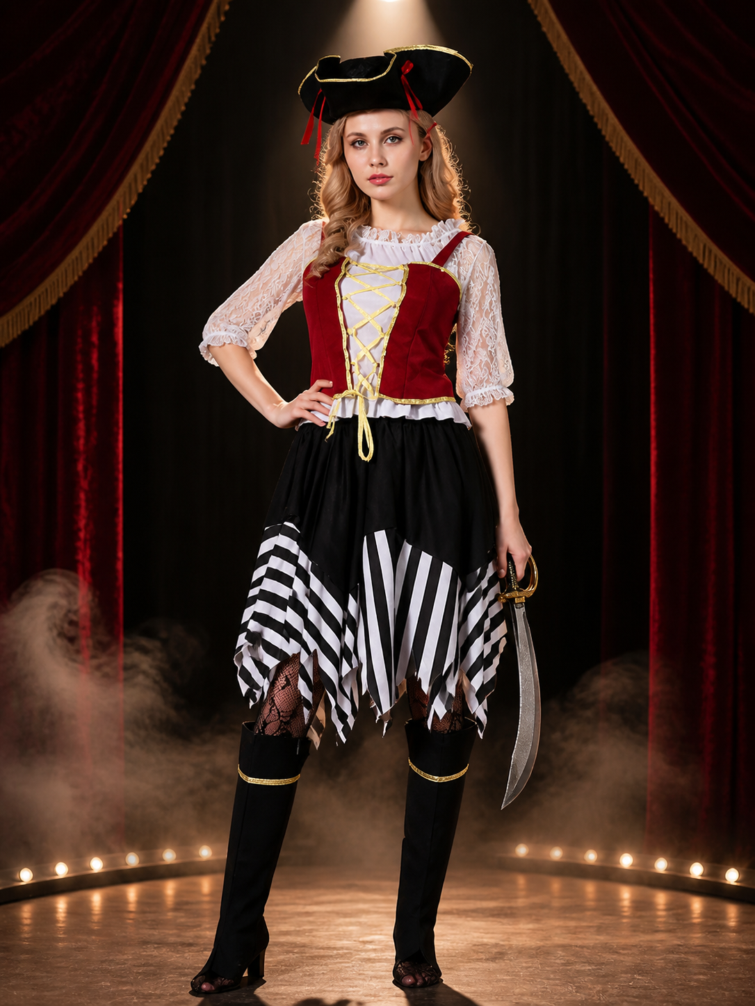 Women's Pirate Costume Set with Cross Chest Straps, Black and White Striped Costumes detail 3
