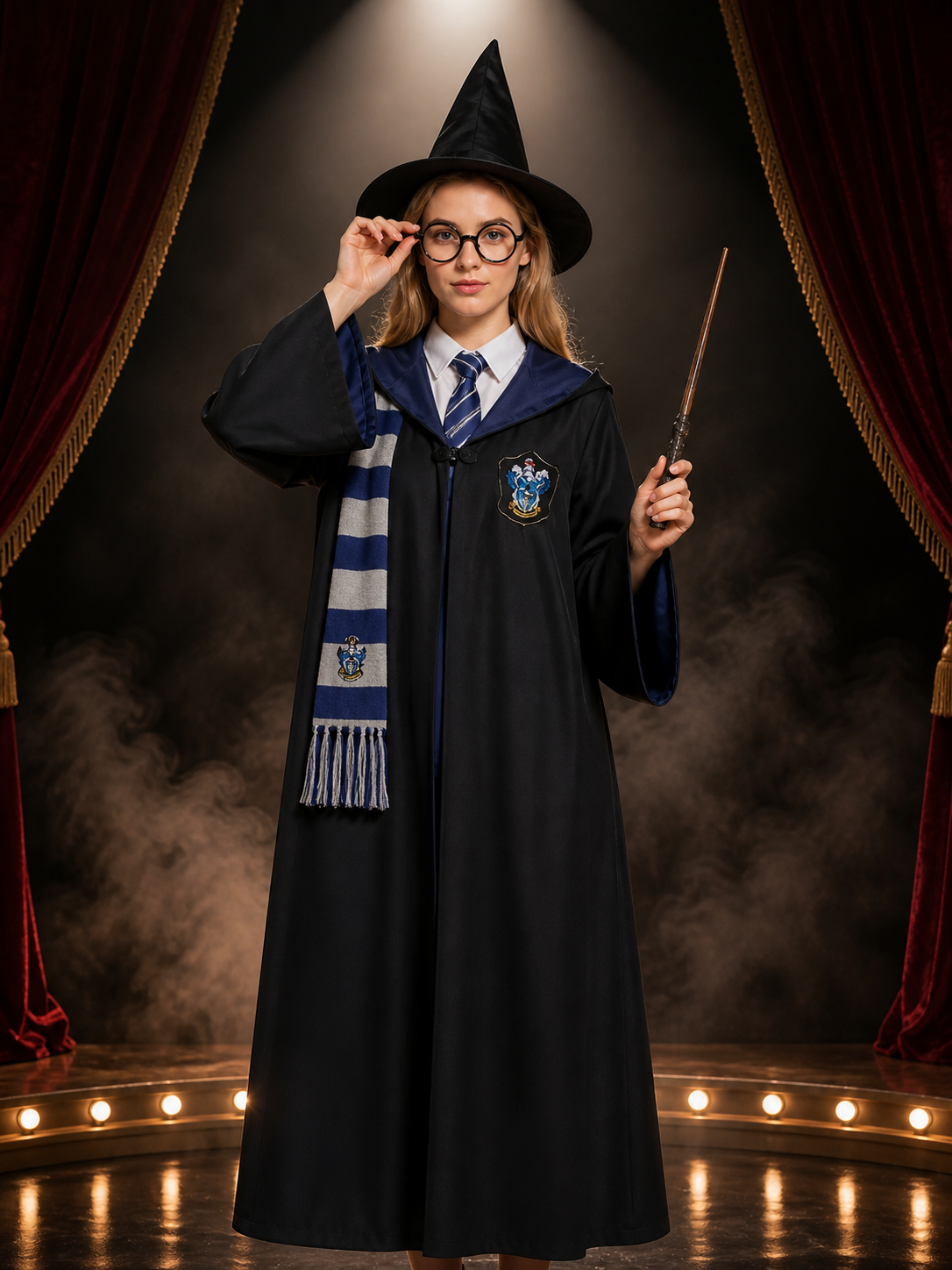 Wizard Academy Robe Costume Set With Hat, Scarf, Tie, Glasses And Wand Costume Headwear detail 3