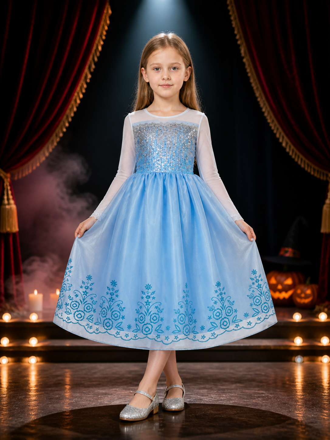 Kids Princess Dress Halloween Costume, Sequined Ball Gown with Star & Floral Costume Dresses detail 3