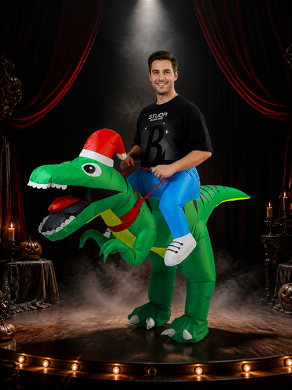 Inflatable Dinosaur Costume with Christmas Hat and Black Stripes for Halloween Costume Headwear detail 3