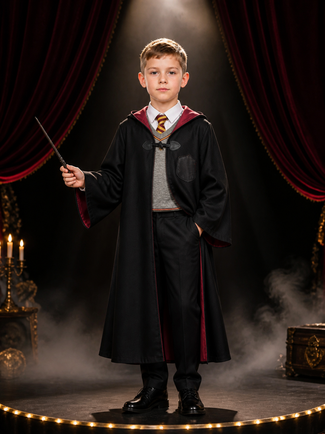 Kids Hooded Wizard Robe Costume Set, 3-Piece Halloween School-Themed Outfit