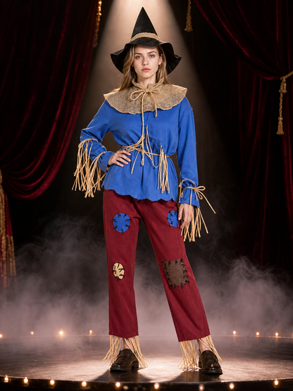 Blue and Burgundy Scarecrow Witch Costume Set with Hat and Fringe Details Costume Headwear detail 3