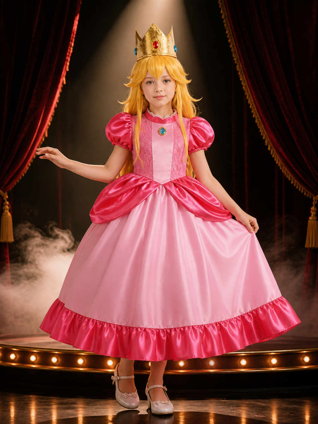 Kids Girls Pink Princess Costume Dress with Crown & Wig, Lace Ball Gown for