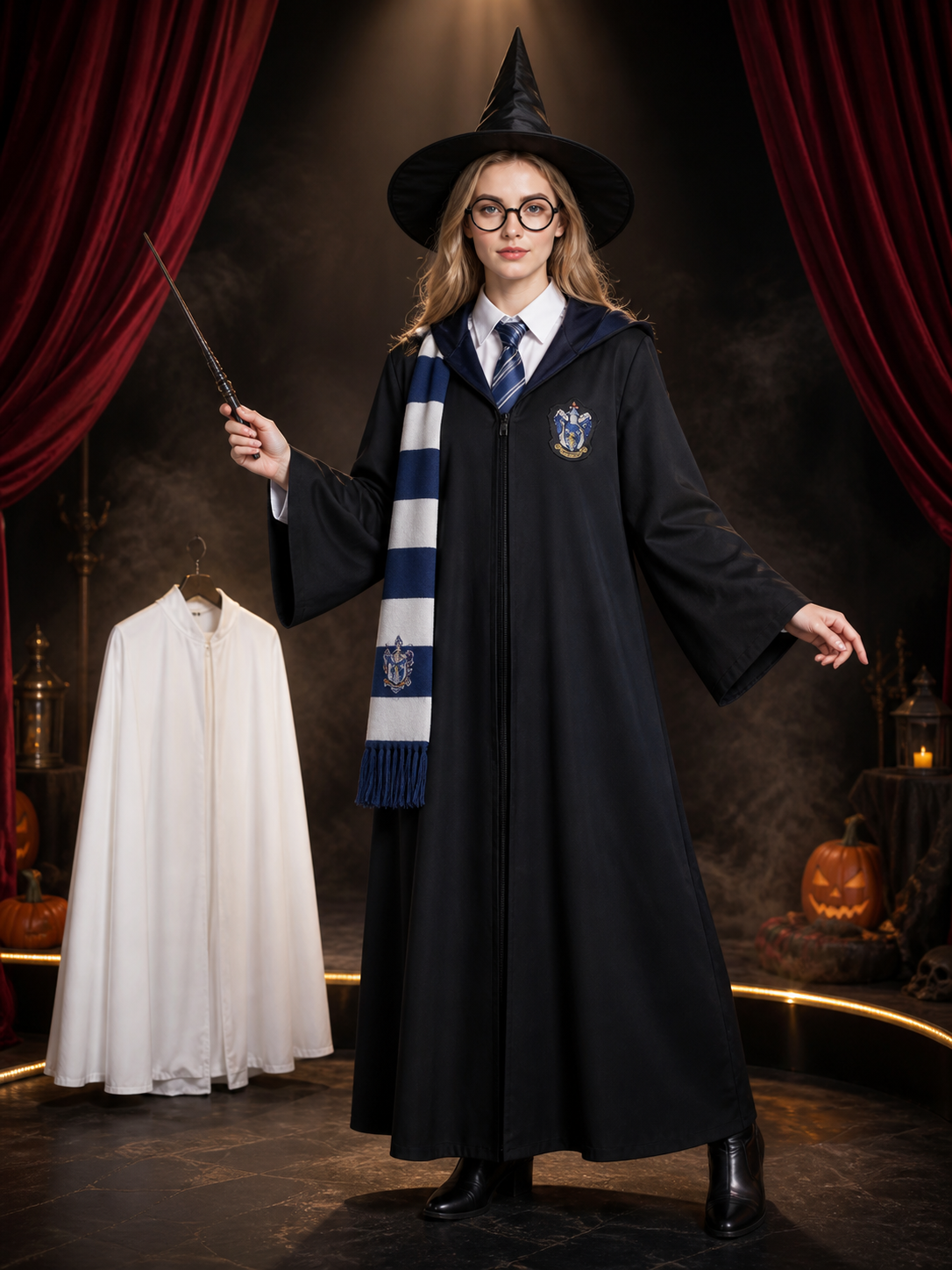 Ravenclaw Wizard Robe Costume Set with Hat, Scarf, Tie and Wand