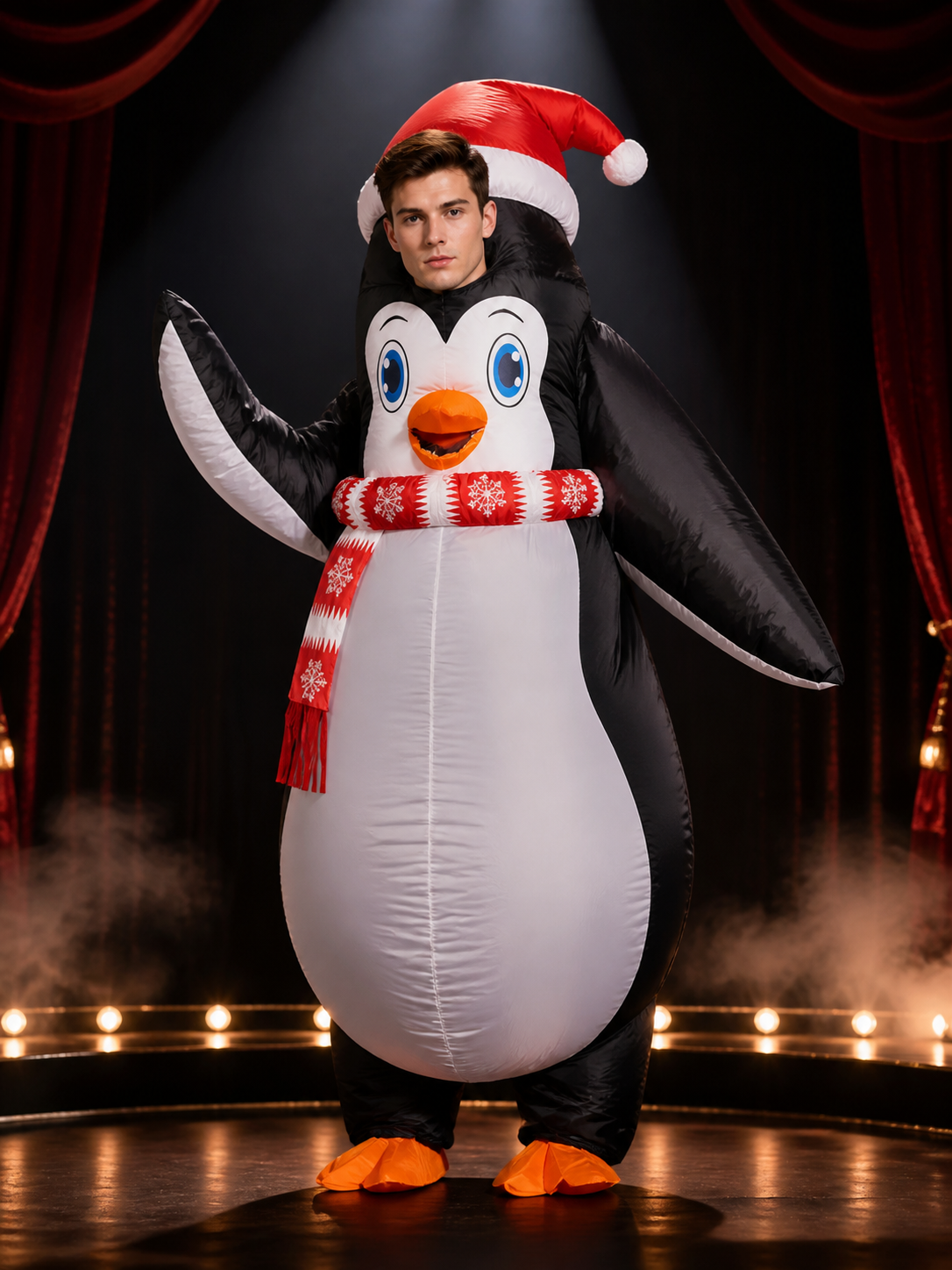 Inflatable Penguin Costume with Santa Hat and Scarf and Wings, Christmas Cosplay Costume Headwear detail 3