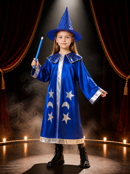 Wizard Costume Set with Blue Cape and Pointed Hat, Star and Moon Silver Trim for Costume Capes detail 3