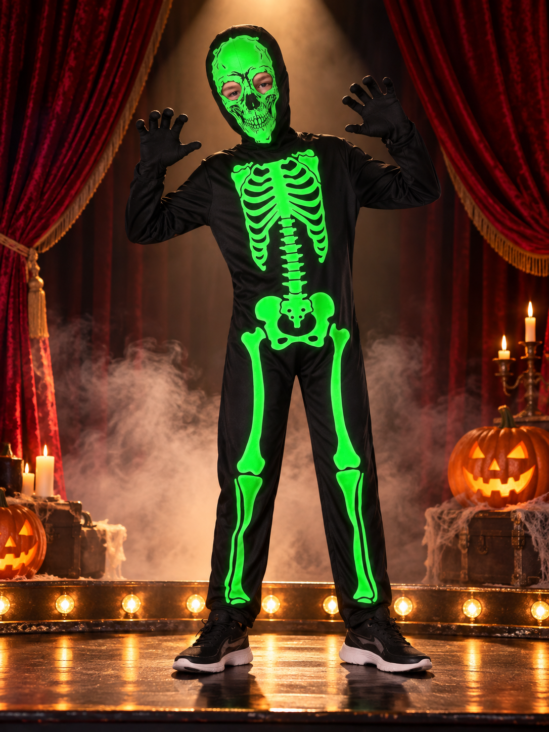 Kids' Skeleton Carnival Costume with Glow-in-the-Dark Print
