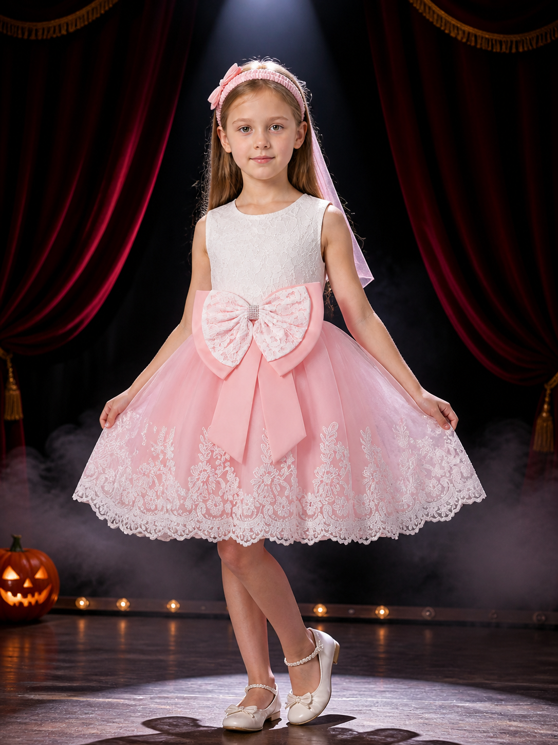Baby Girls' Pink and White Lace Princess Dress Set with Bow, Tulle Skirt Costume Dresses detail 3