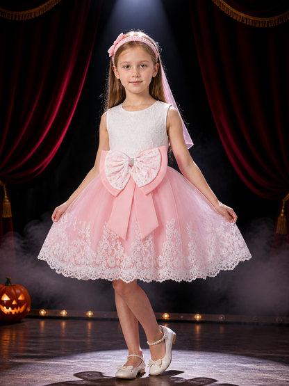 Baby Girls' Pink and White Lace Princess Dress Set with Bow, Tulle Skirt Costume Dresses detail 3