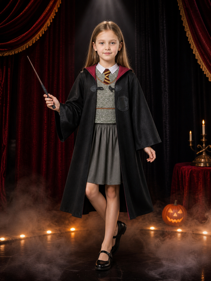 Children's Gryffindor-Themed Wizard Costume Set with Hooded Robe, Vest, Skirt Costumes detail 3