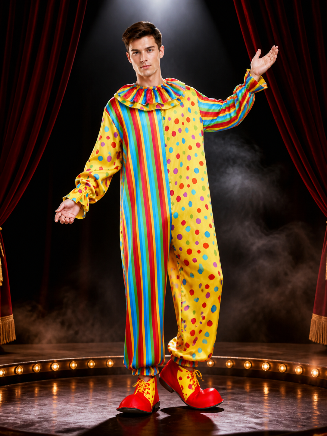 Unisex Adult Clown Jumpsuit Costume, Colorful Striped & Polka Dot One-Piece Costumes detail 3
