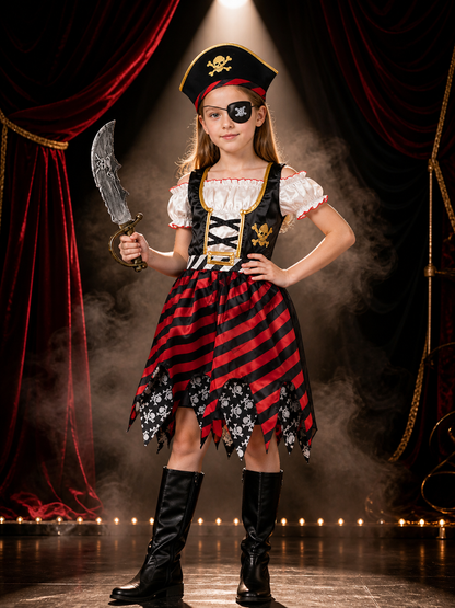 Kids Pirate Costume Dress Set with Hat, Eyepatch & Toy Sword for Halloween Role Costume Dresses detail 3